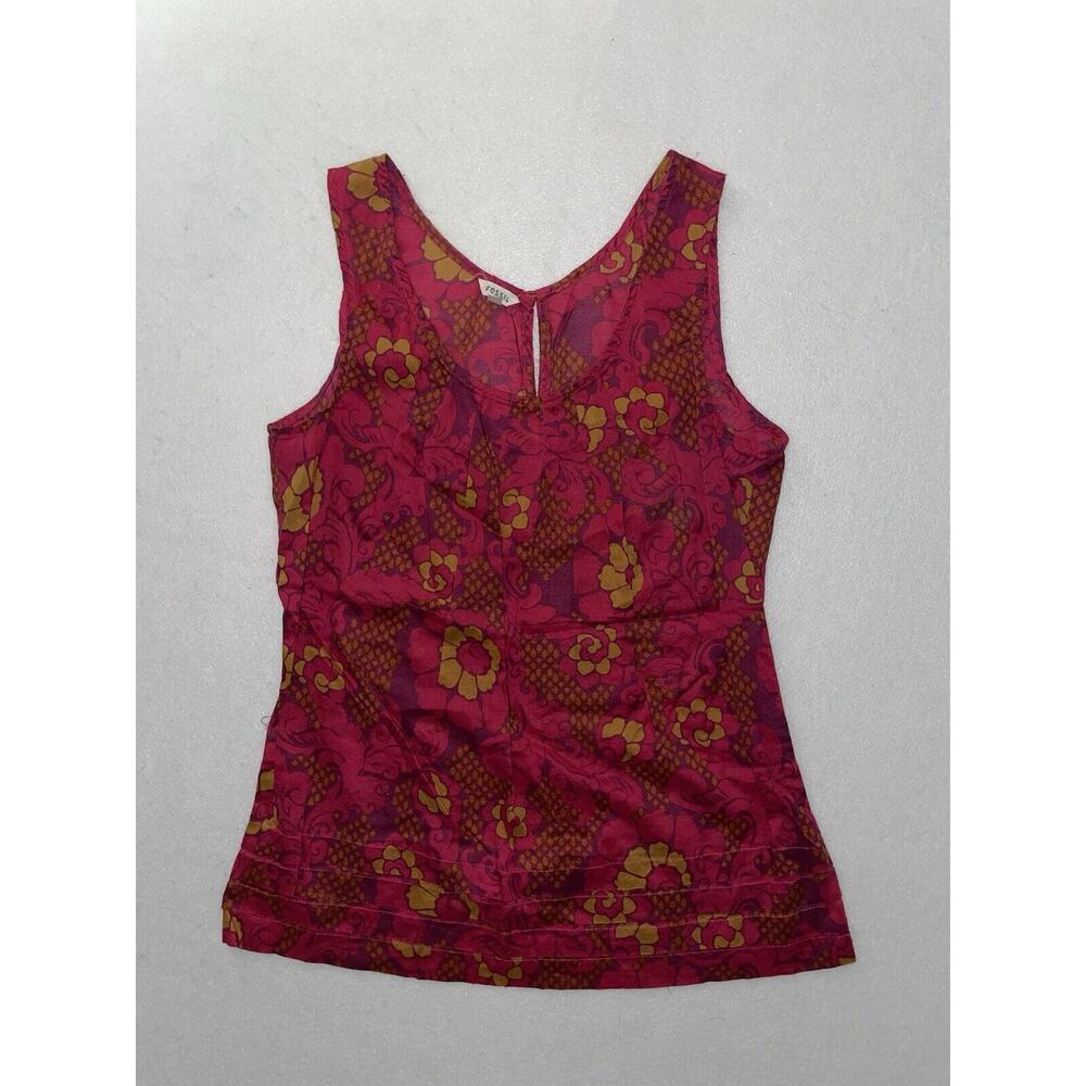 Fossil Shirt Womens Small Red Floral Top Blouse Scoop Neck Sleeveless Y2K